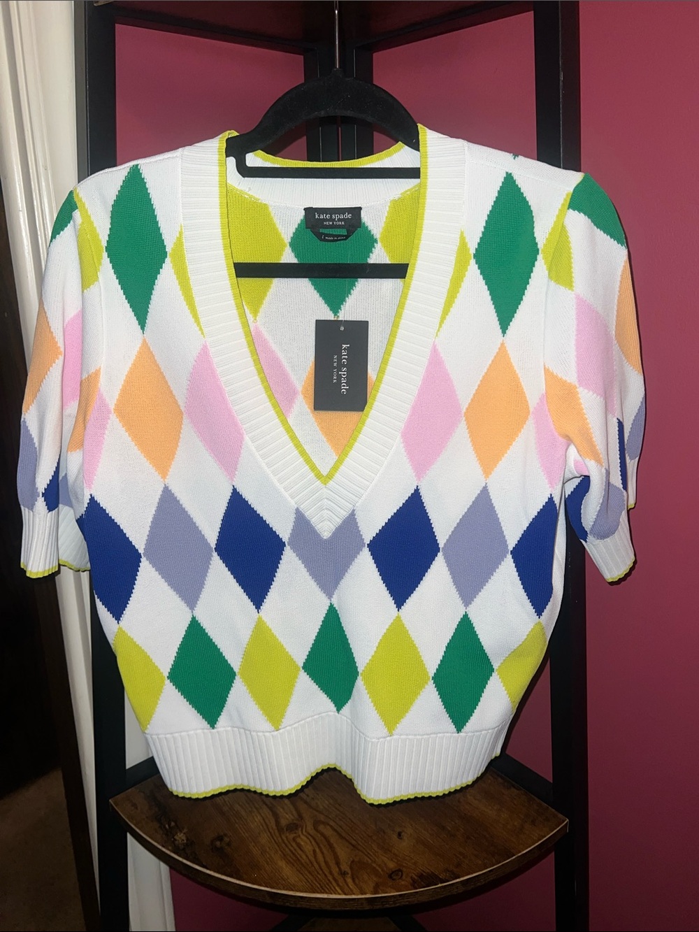 kate spade White Multicolor Argyle V-Neck Sweater